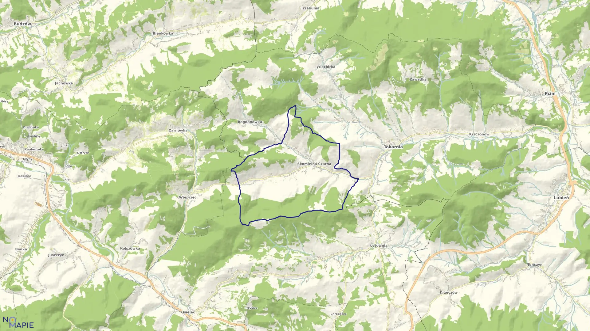 Mapa obrębu Skomielna Czarna w gminie Tokarnia